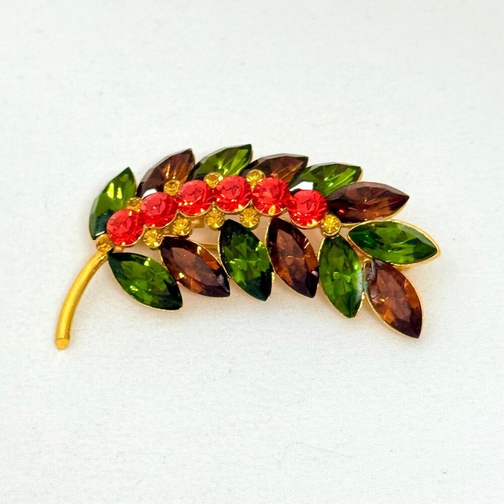 Joan Rivers Dimensional Leaf Brooch Gold Tone w/Crystals Signed